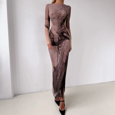 Round Neck Long Sleeve Printed Maxi Dress 02