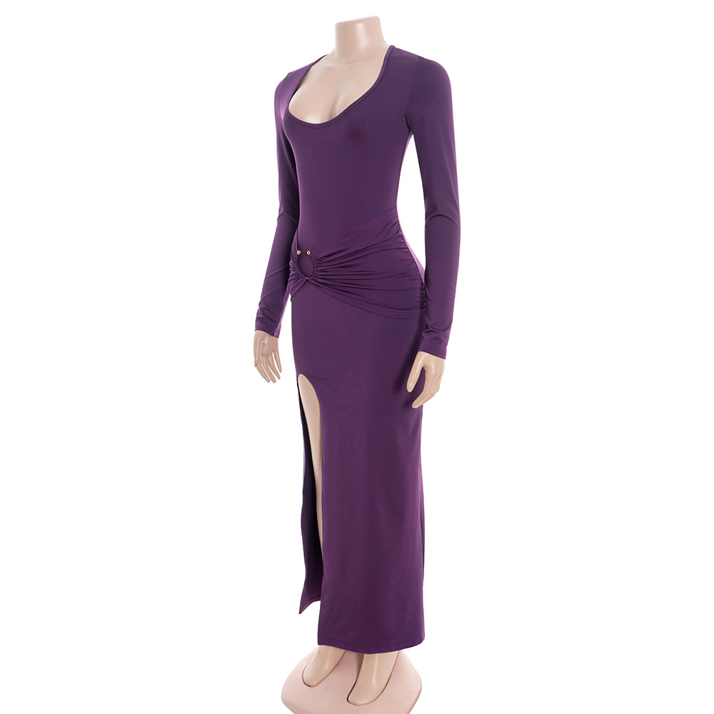 Low Round Neck Long Sleeve Slit Maxi Dress