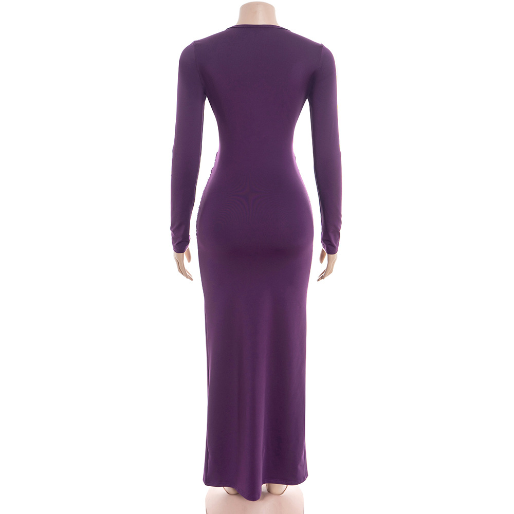 Low Round Neck Long Sleeve Slit Maxi Dress