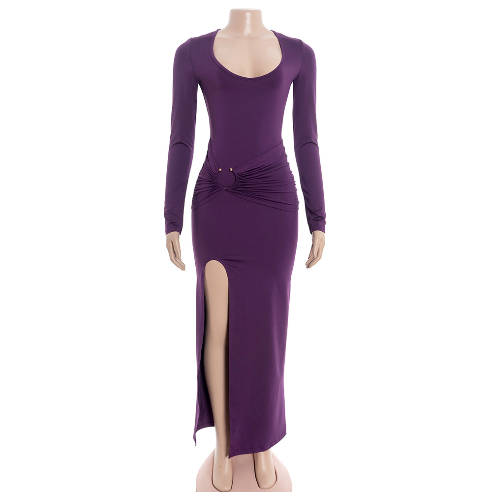 Low Round Neck Long Sleeve Slit Maxi Dress
