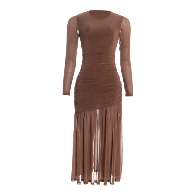 Solid Color Vacation  Round Neck Long Sleeve High-Waisted Gown Maxi Dress 01