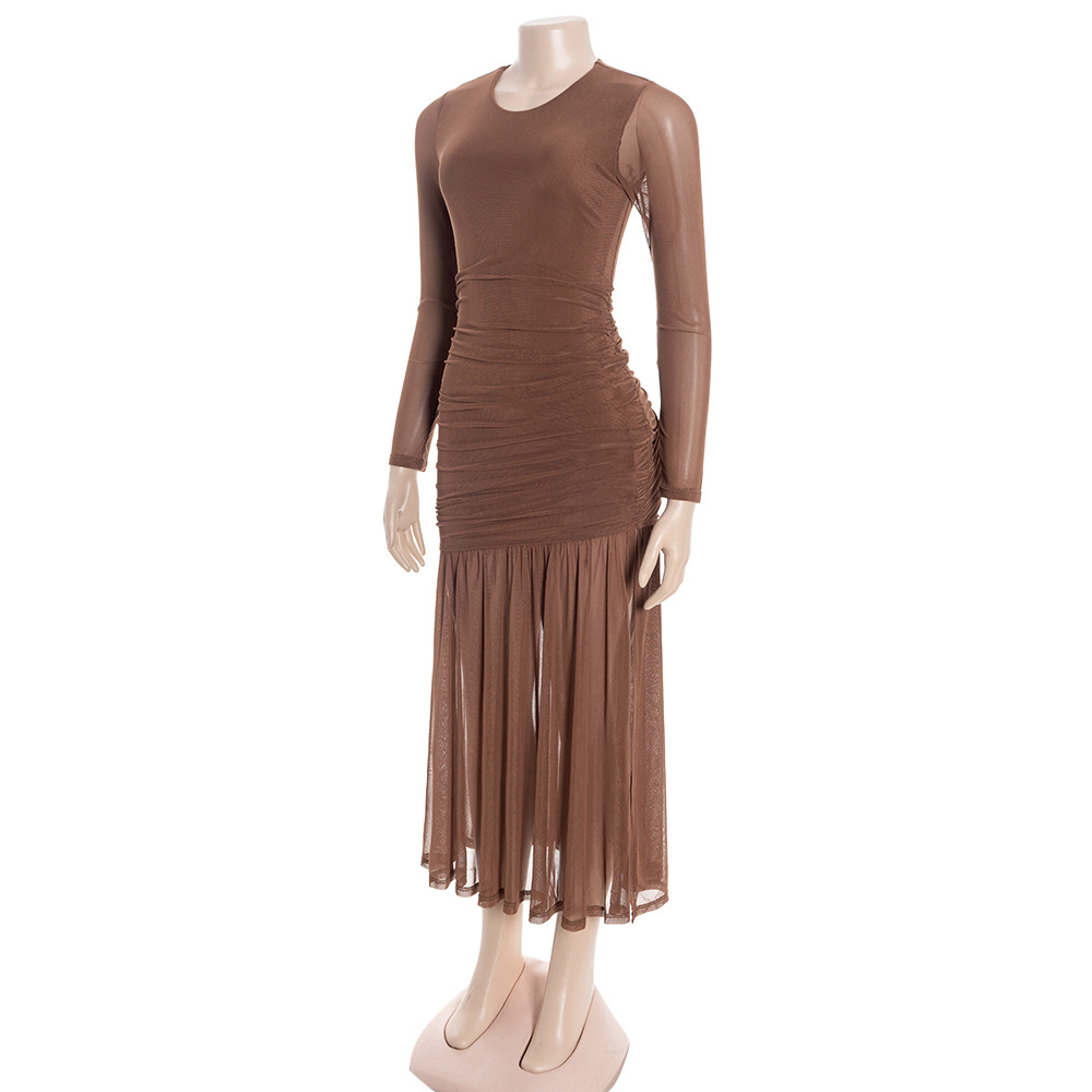 Solid Color Vacation  Round Neck Long Sleeve High-Waisted Gown Maxi Dress