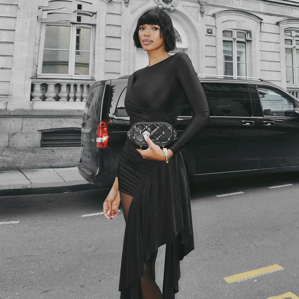 Round Neck Long Sleeve High-Waisted Bodycon Mini Dress