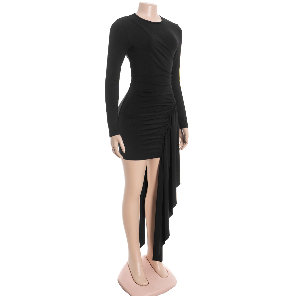 Round Neck Long Sleeve High-Waisted Bodycon Mini Dress