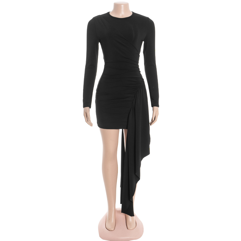 Round Neck Long Sleeve High-Waisted Bodycon Mini Dress
