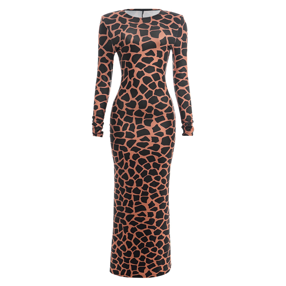 Round Neck Long Sleeve Printed Maxi  Abstract Fragment Print Bodycon Slit Gown Dress