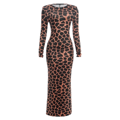 Round Neck Long Sleeve Printed Maxi  Abstract Fragment Print Bodycon Slit Gown Dress 01