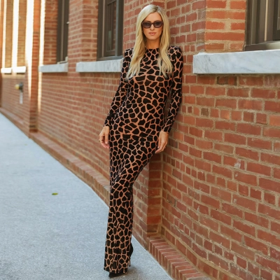 Round Neck Long Sleeve Printed Maxi  Abstract Fragment Print Bodycon Slit Gown Dress 02