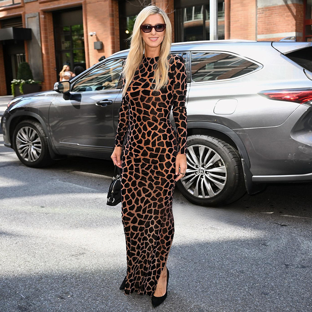 Round Neck Long Sleeve Printed Maxi  Abstract Fragment Print Bodycon Slit Gown Dress