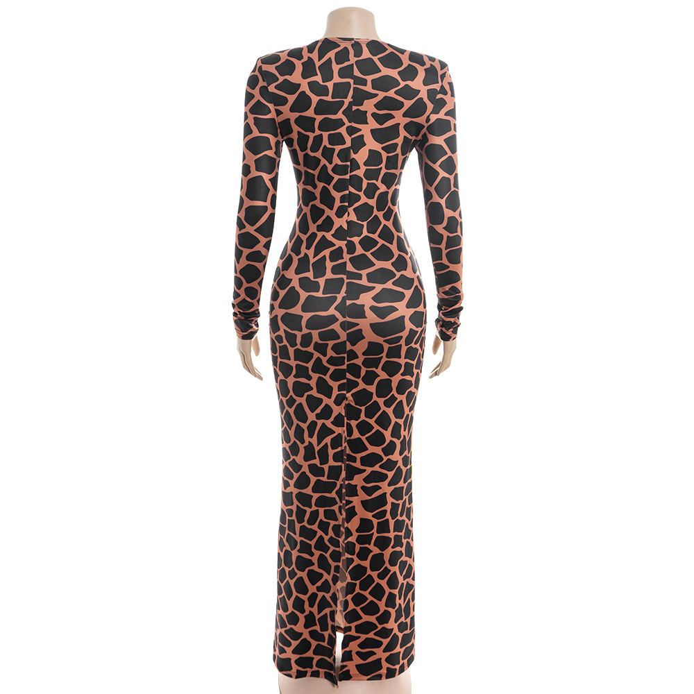 Round Neck Long Sleeve Printed Maxi  Abstract Fragment Print Bodycon Slit Gown Dress
