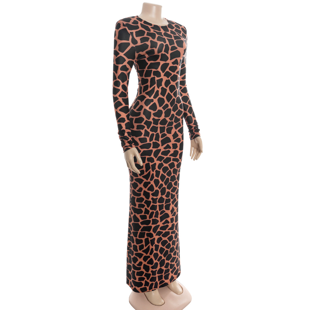 Round Neck Long Sleeve Printed Maxi  Abstract Fragment Print Bodycon Slit Gown Dress