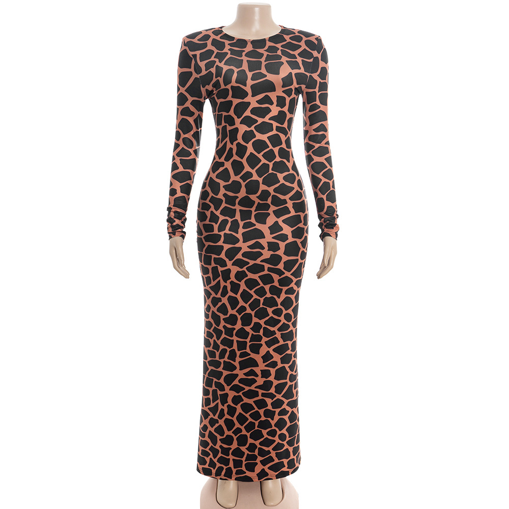 Round Neck Long Sleeve Printed Maxi  Abstract Fragment Print Bodycon Slit Gown Dress