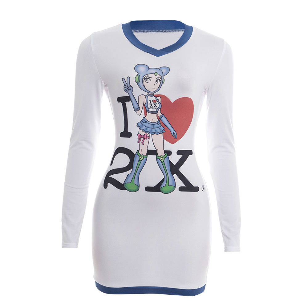 Solid Color  Round Neck Long Sleeve with Character Placement Print Bodycon Dress