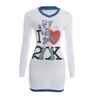 Solid Color  Round Neck Long Sleeve with Character Placement Print Bodycon Dress 01