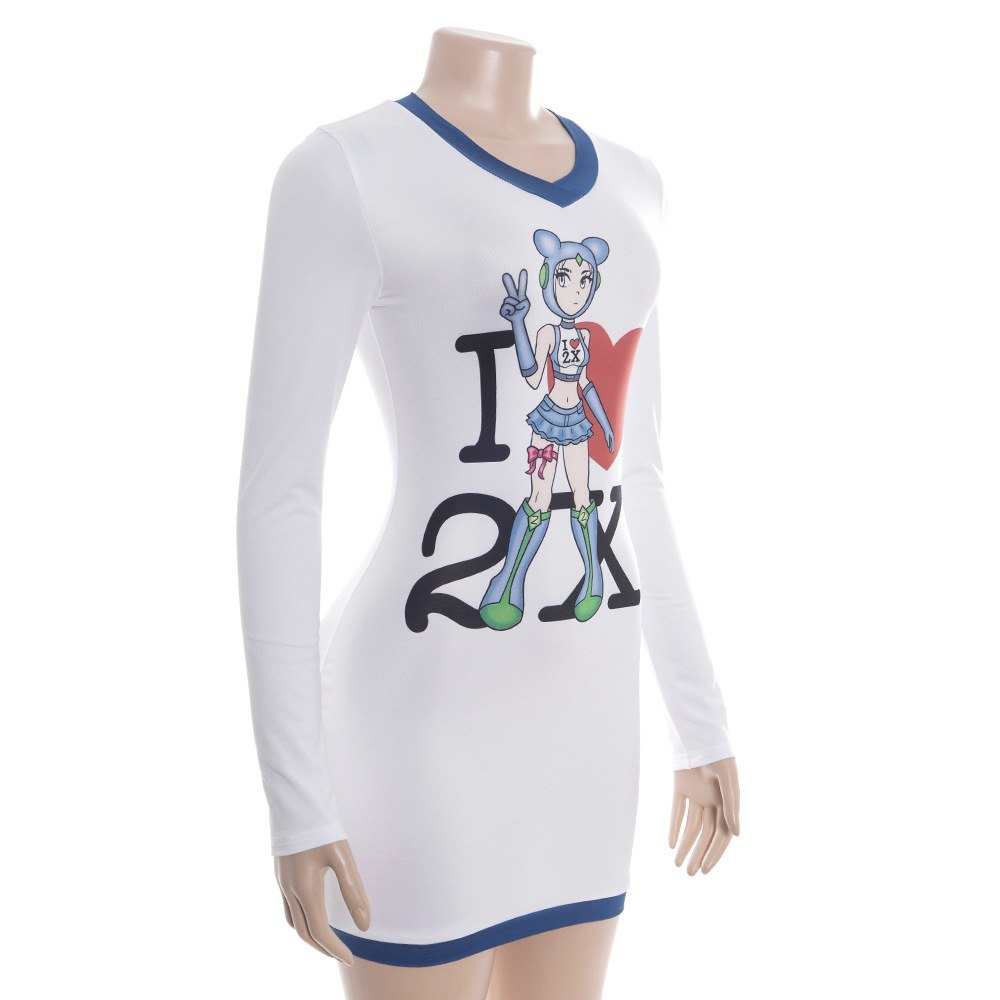 Solid Color  Round Neck Long Sleeve with Character Placement Print Bodycon Dress