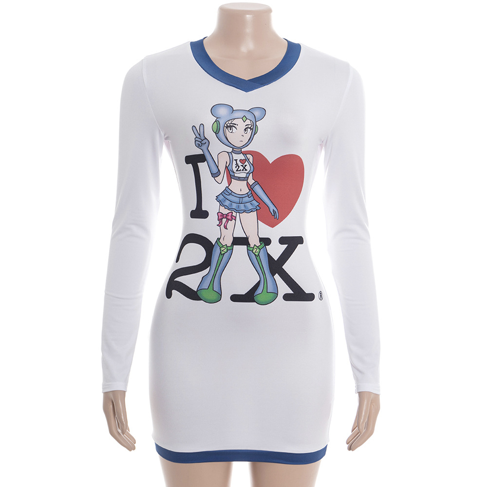 Solid Color  Round Neck Long Sleeve with Character Placement Print Bodycon Dress