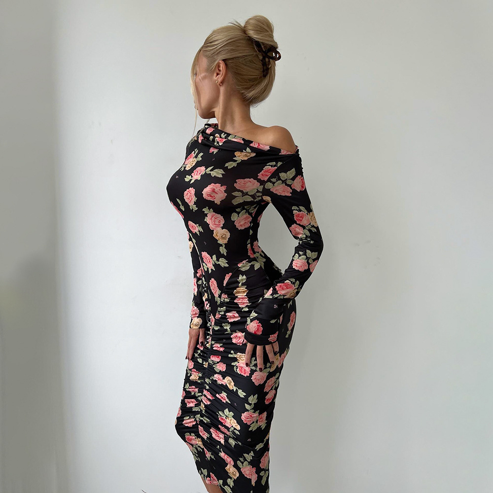 Asymmetrical Off-Shoulder Long Sleeve Maxi Dress