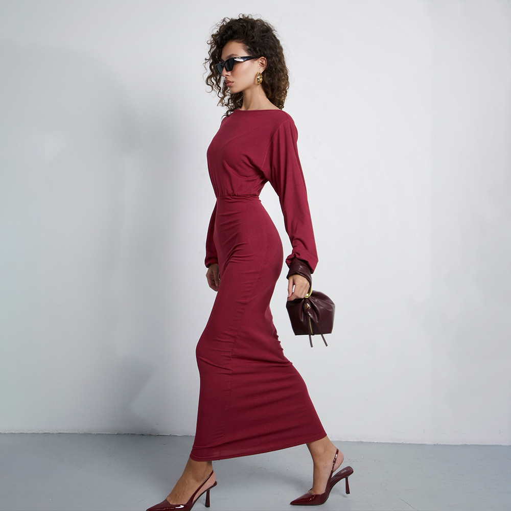 Round Neck High-Waisted A-Line Gown with Premium Drape Long Sleeve Solid Color Maxi Dress