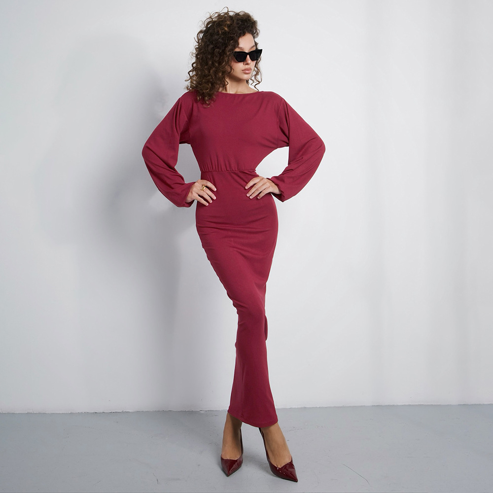 Round Neck High-Waisted A-Line Gown with Premium Drape Long Sleeve Solid Color Maxi Dress