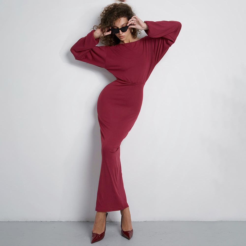 Round Neck High-Waisted A-Line Gown with Premium Drape Long Sleeve Solid Color Maxi Dress