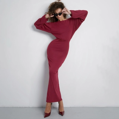 Round Neck High-Waisted A-Line Gown with Premium Drape Long Sleeve Solid Color Maxi Dress 02