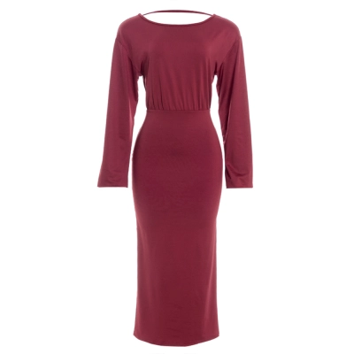 Round Neck High-Waisted A-Line Gown with Premium Drape Long Sleeve Solid Color Maxi Dress 01