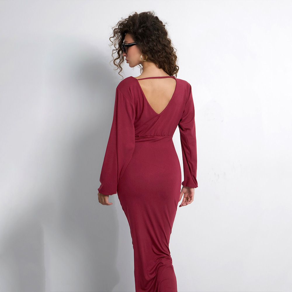 Round Neck High-Waisted A-Line Gown with Premium Drape Long Sleeve Solid Color Maxi Dress