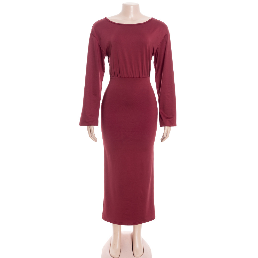 Round Neck High-Waisted A-Line Gown with Premium Drape Long Sleeve Solid Color Maxi Dress