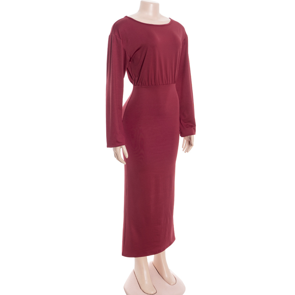 Round Neck High-Waisted A-Line Gown with Premium Drape Long Sleeve Solid Color Maxi Dress