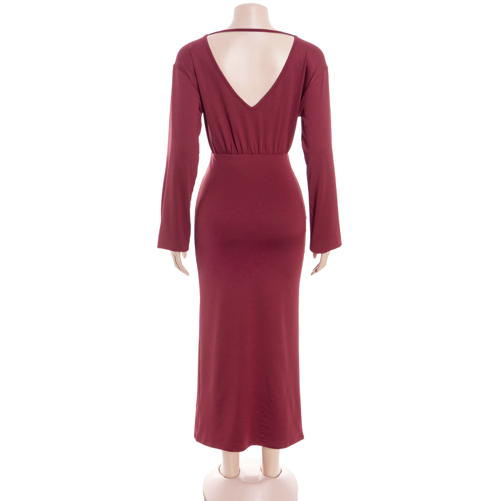 Round Neck High-Waisted A-Line Gown with Premium Drape Long Sleeve Solid Color Maxi Dress