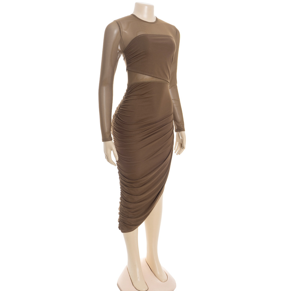 Round Neck Long Sleeve Sheer Mesh Bodycon Maxi Dress