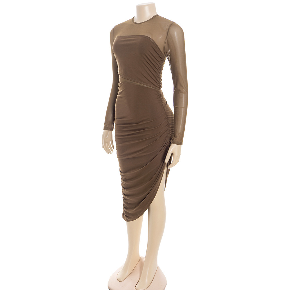 Round Neck Long Sleeve Sheer Mesh Bodycon Maxi Dress