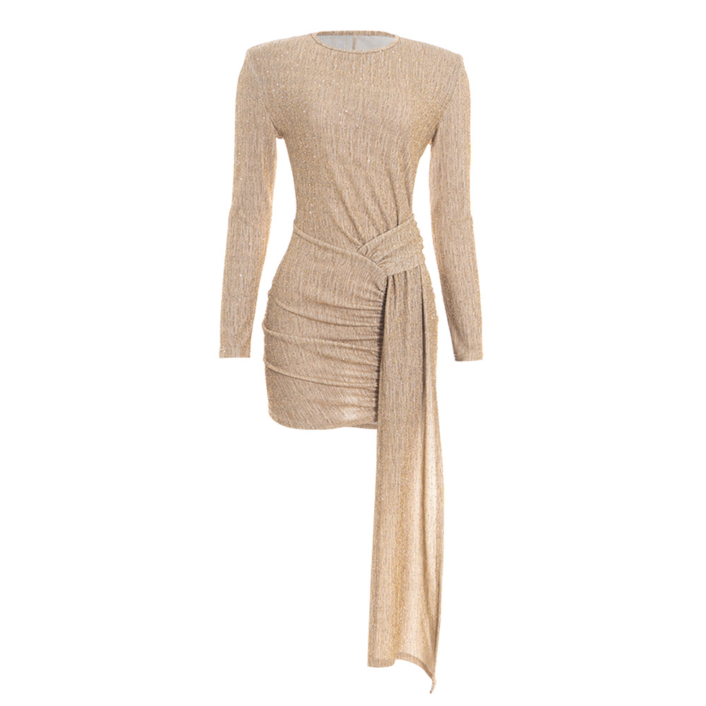 Solid Color High-Waisted Bodycon Gown with Adjustable Sash Round Neck Long Sleeve Shimmer Maxi Dress