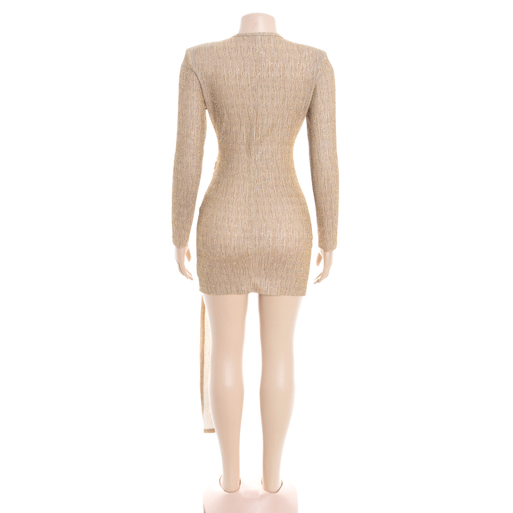 Solid Color High-Waisted Bodycon Gown with Adjustable Sash Round Neck Long Sleeve Shimmer Maxi Dress