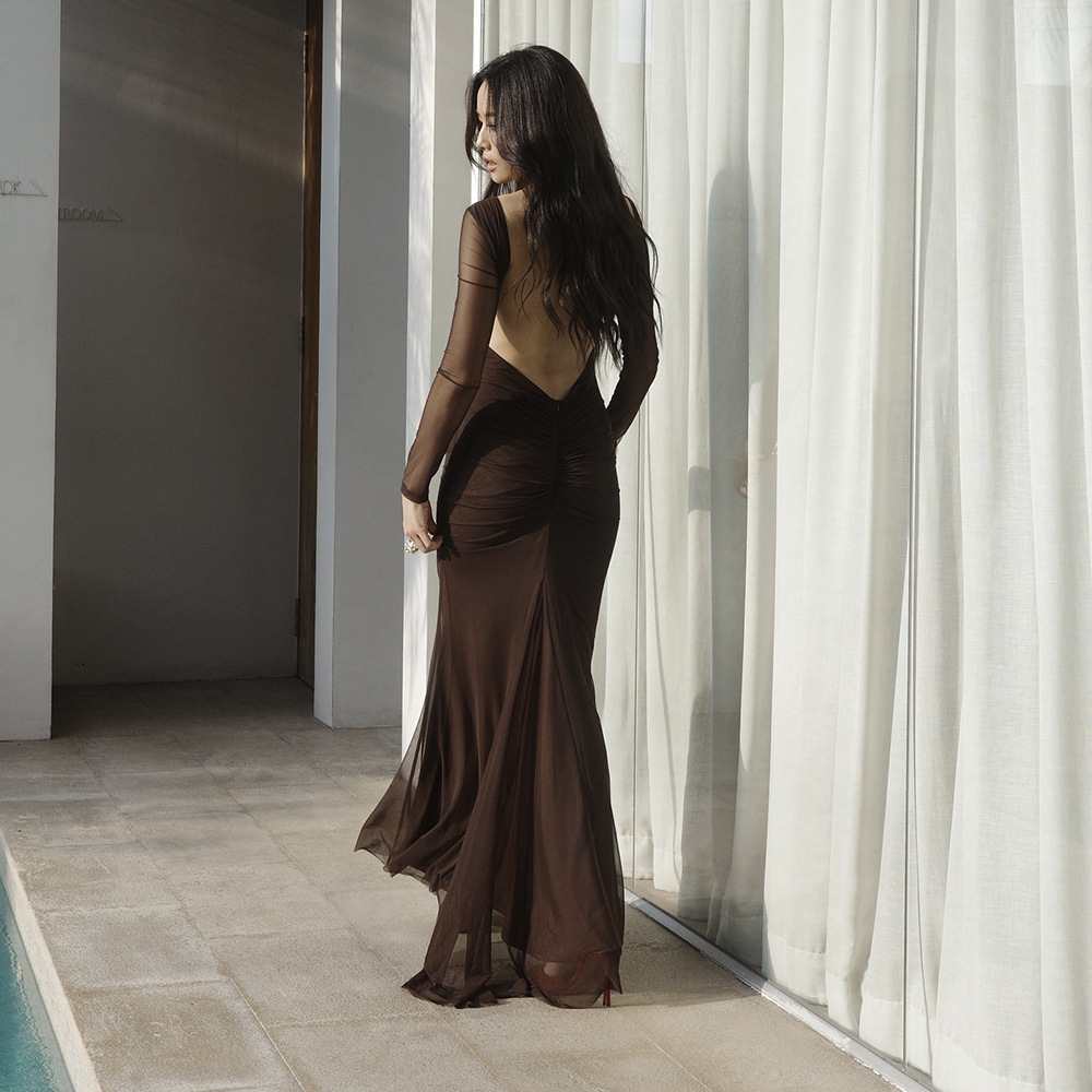 Long Sleeve High-Waisted Bodycon Gown with Sheer Mesh Panels French Retro Backless Maxi Dress