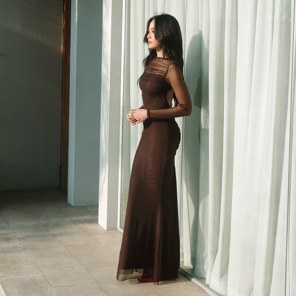 Long Sleeve High-Waisted Bodycon Gown with Sheer Mesh Panels French Retro Backless Maxi Dress