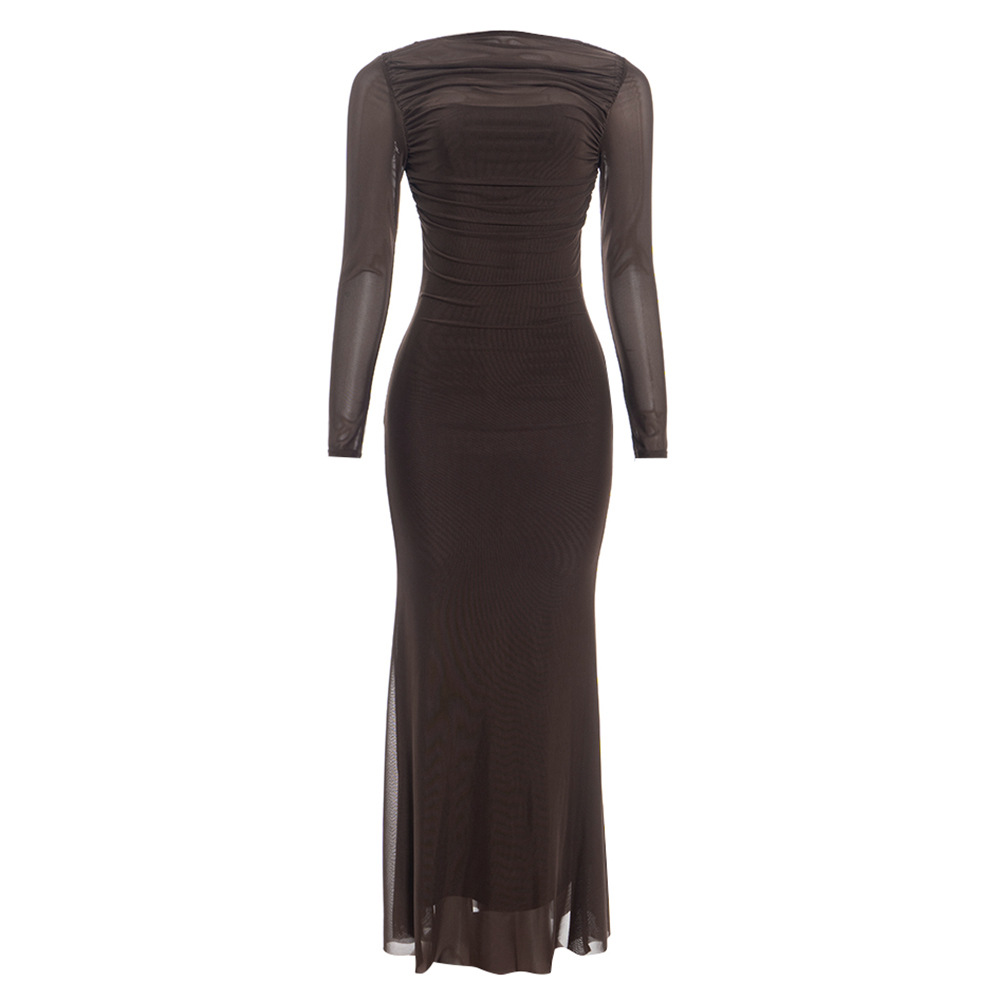 Long Sleeve High-Waisted Bodycon Gown with Sheer Mesh Panels French Retro Backless Maxi Dress