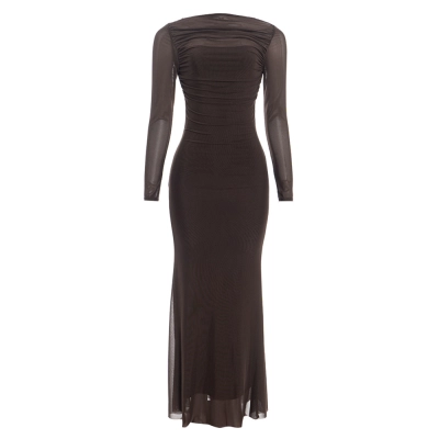 Long Sleeve High-Waisted Bodycon Gown with Sheer Mesh Panels French Retro Backless Maxi Dress 01