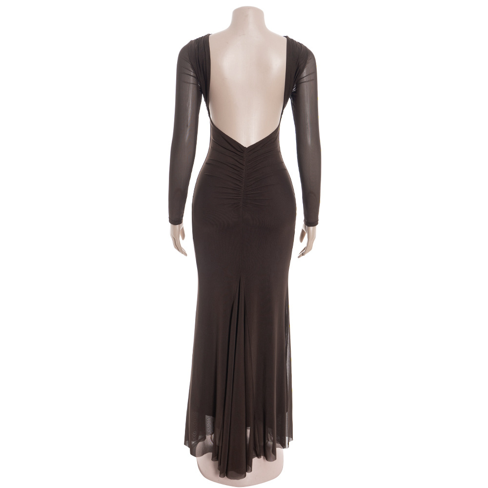 Long Sleeve High-Waisted Bodycon Gown with Sheer Mesh Panels French Retro Backless Maxi Dress