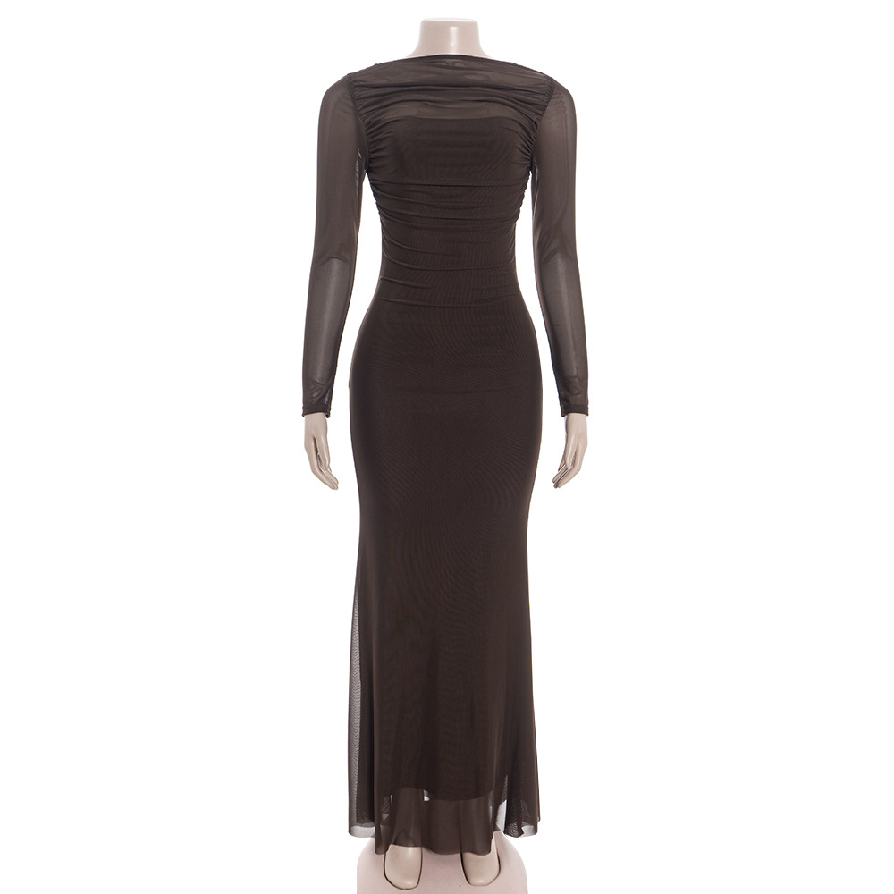 Long Sleeve High-Waisted Bodycon Gown with Sheer Mesh Panels French Retro Backless Maxi Dress
