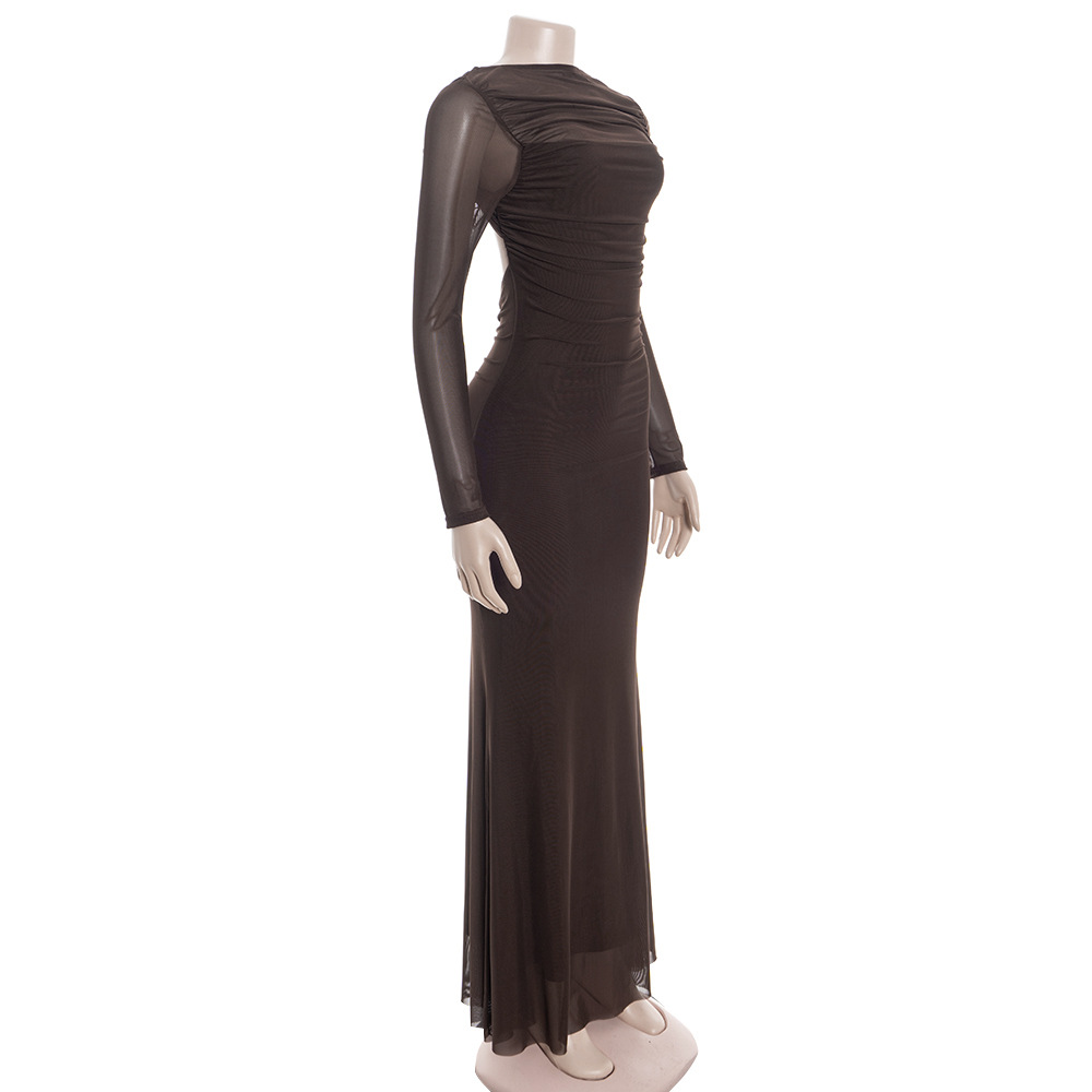Long Sleeve High-Waisted Bodycon Gown with Sheer Mesh Panels French Retro Backless Maxi Dress