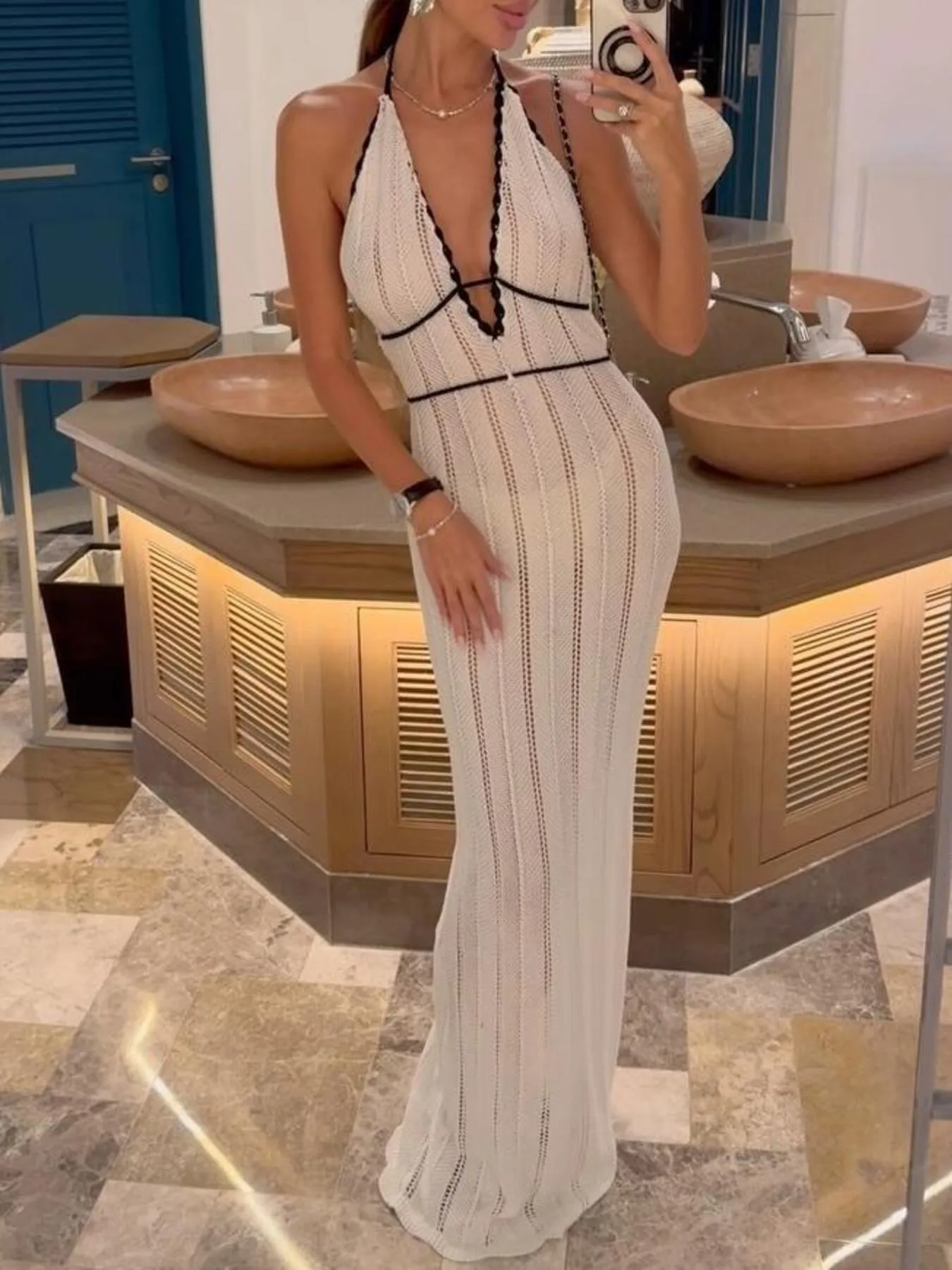 Fashion Color-Block V-Neck Halter Tie Backless Knit Dress for Women review Olivia Simmons