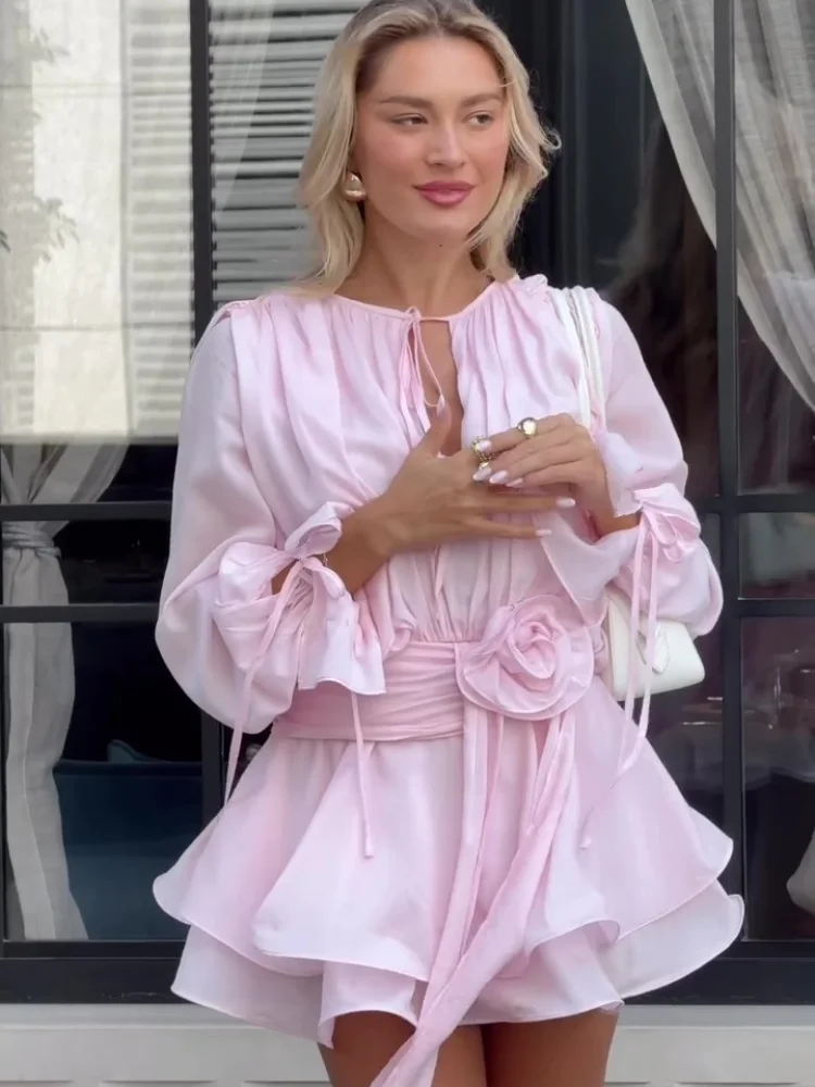 Solid Color Flared Sleeve Bodycon Dress with Bow-Tie Neck & Floral Embellishment review Abigail Turner