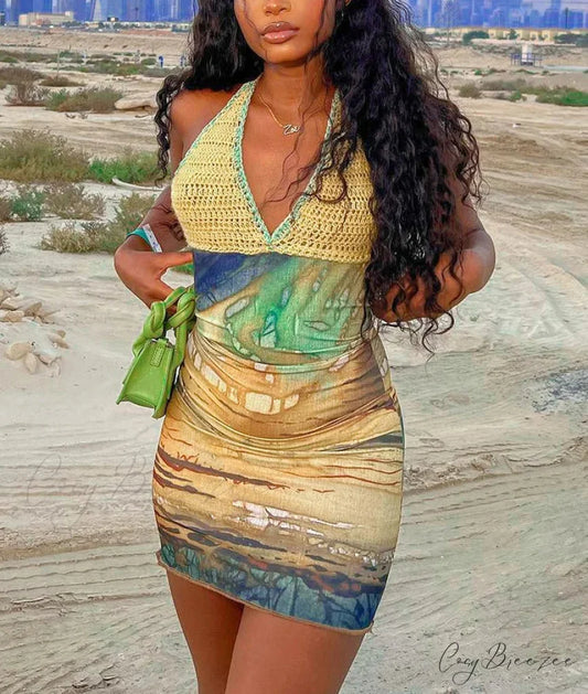 Sexy Printed & Knit Deep V Halter Bodycon Dress review Marcus Johnson