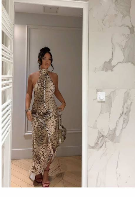 Sexy Backless Wrap Halter Bodycon Dress with Asymmetrical Leopard Print  review Abigail Turner