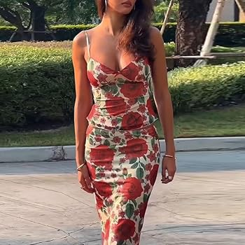 Fashion Floral Stamen Print V-Neck Spaghetti Strap Bodycon Maxi set review Olivia Bennett