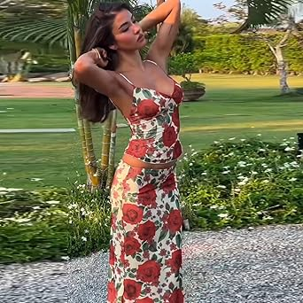 Fashion Floral Stamen Print V-Neck Spaghetti Strap Bodycon Maxi set review Marcus Johnson