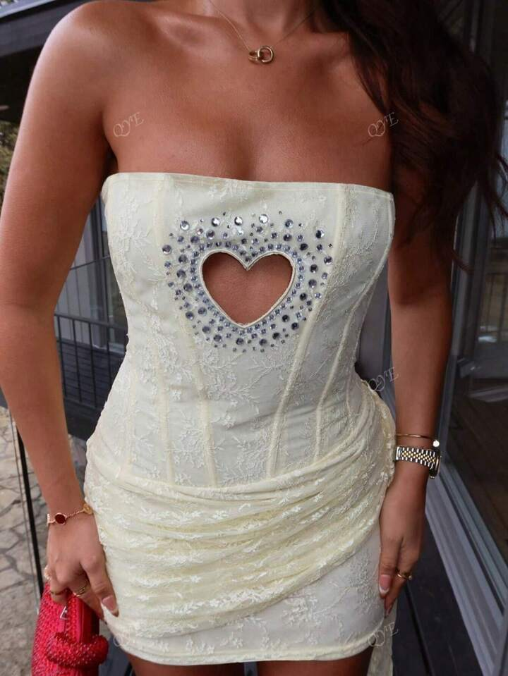 Sparkling Rhinestone Cutout Heart Halter Lace-Trim Bodycon Evening Dress review Olivia Parker