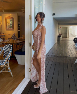 Spaghetti Strap Floral Backless Slit Maxi Dress with Tie Detail review Abigail Turner