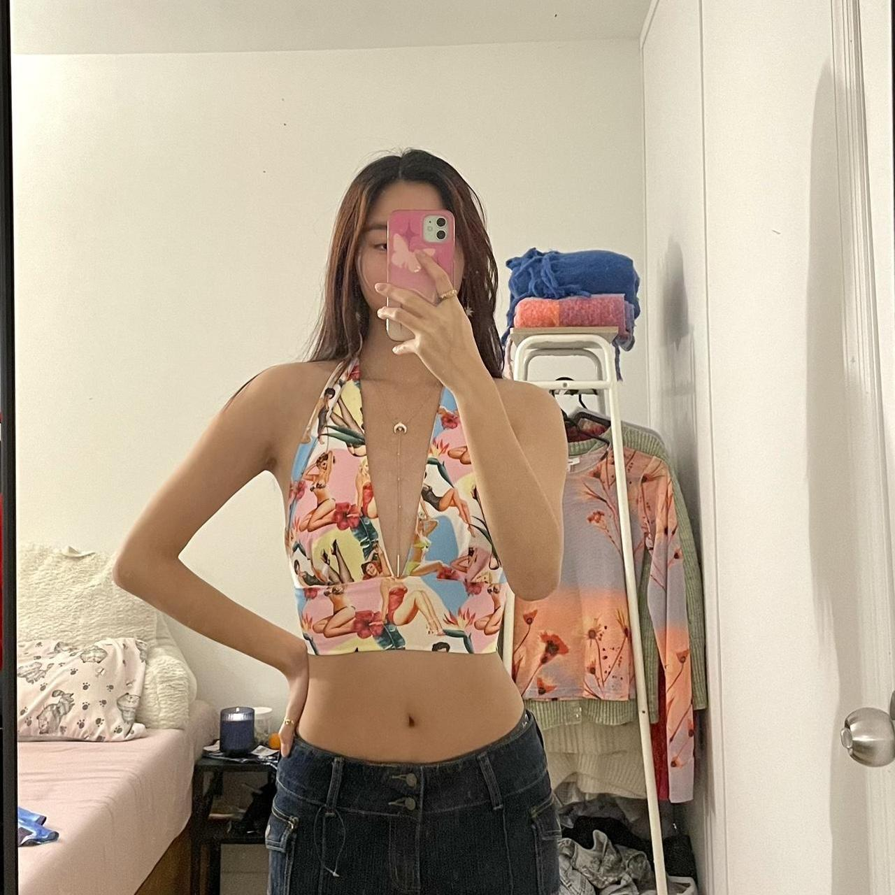 Halter Neck Graphic Print Tie-Back Crop Top  review Chloe Bennett